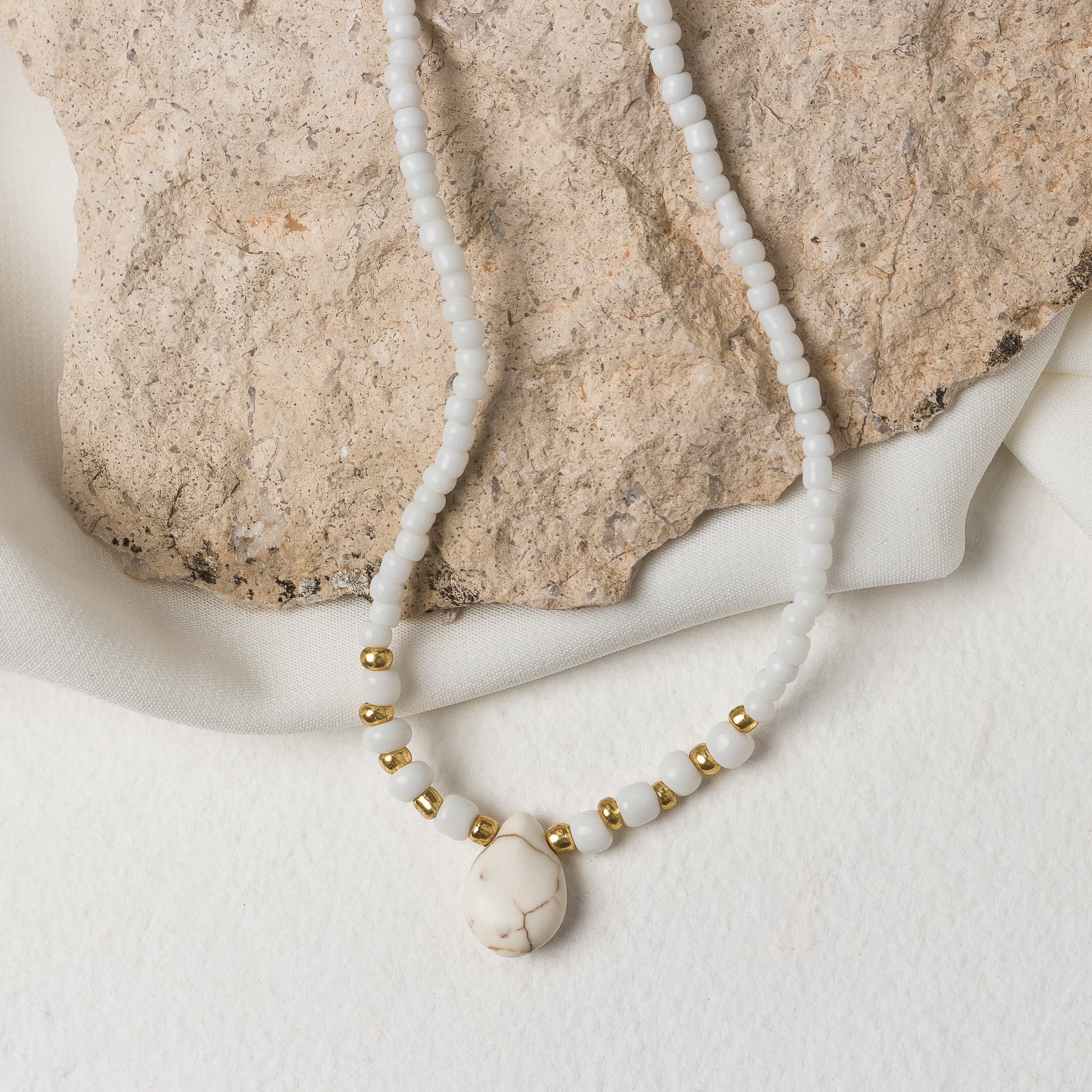 White Beaded Drop Pendant Necklace